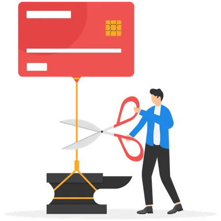 Male banker using scissors cutting debt load of borrower  Illustration