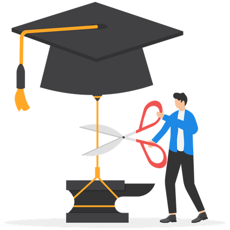 Male banker using scissors cutting graduation mortar into sky  Illustration