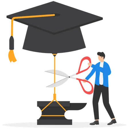 Male banker using scissors cutting graduation mortar into sky  Illustration