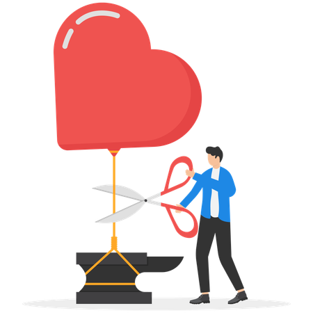 Male banker using scissors cutting heart into sky  Illustration
