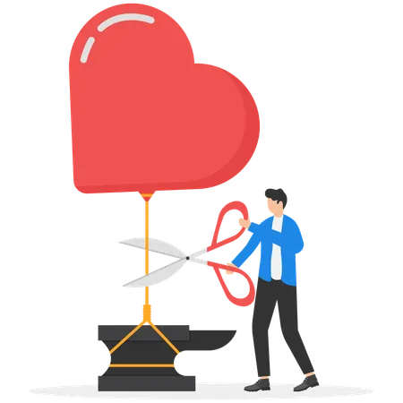 Male banker using scissors cutting heart into sky  Illustration