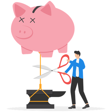 Male banker using scissors cutting money bank into sky  Illustration