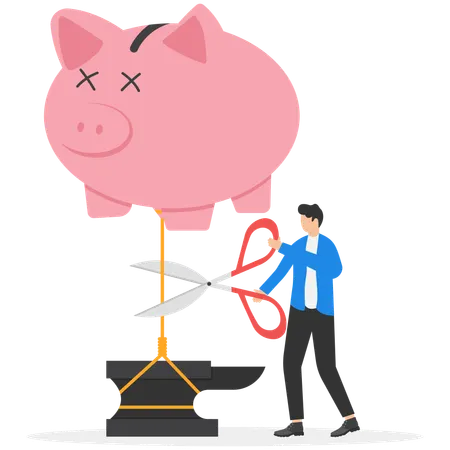 Male banker using scissors cutting money bank into sky  Illustration
