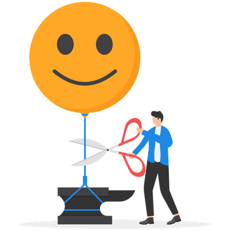 Male banker using scissors cutting smiley balloon into sky  Illustration