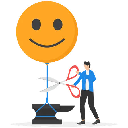 Male banker using scissors cutting smiley balloon into sky  Illustration