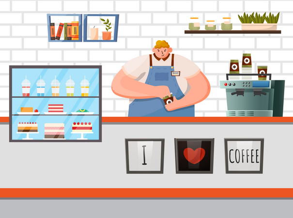 Male Barista at Work in Cafe  Illustration