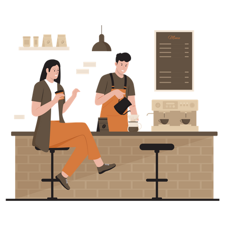 Male barista brewing coffee Illustration