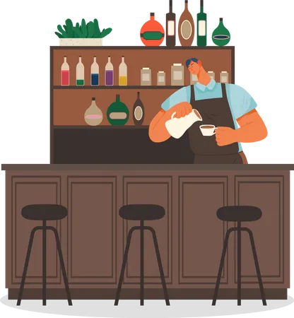 Barista At Work Pouring Milk In Coffee Male Character Working In Coffeehouse Making Beverages For Clients Shelves With Liqueurs And Additionals Wooden Counter Of Cafe Chairs For Customers Vector Illustration