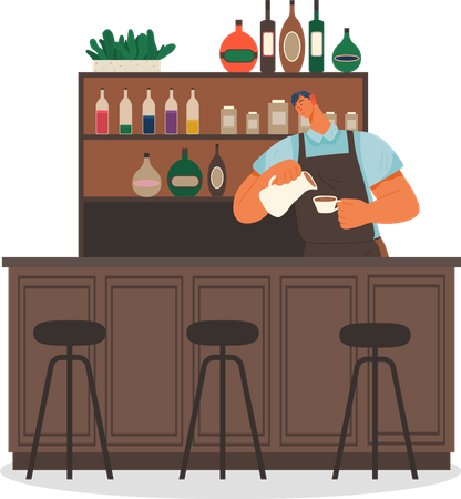 Male Barista Making Coffee in Coffeehouse  Illustration