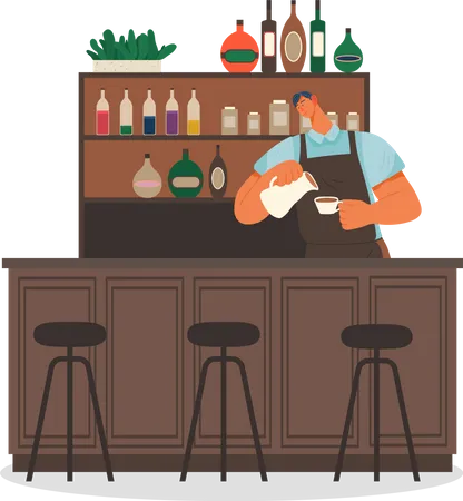 Male Barista Making Coffee in Coffeehouse  Illustration