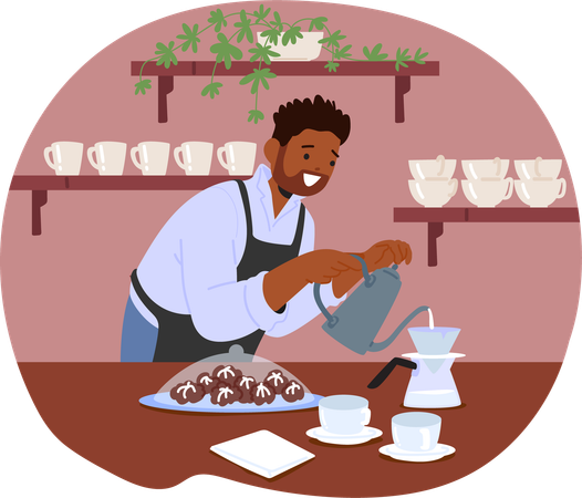 Male Barista Making Pour Over Coffee In Cafe  Illustration