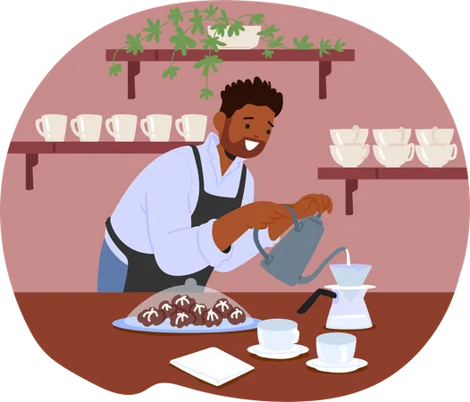 Male Barista Making Pour Over Coffee In Cafe  Illustration