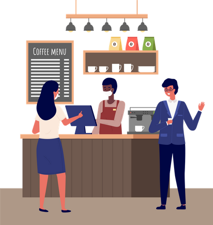 Male barista standing behind of  Coffee bar counter  Illustration