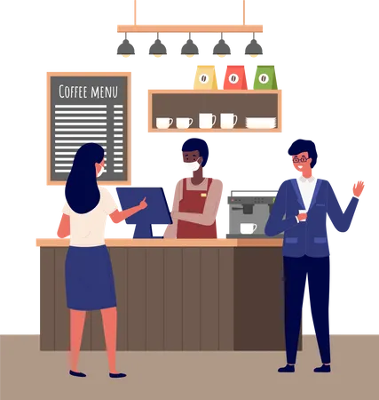 Vector Illustration Of Coffee Shop Design Element With Barista Standing Behind Of Bar Counter Coffee Making Equipment Man Serving Visitors Girl Makes An Order At Checkout Guy Standing With A Drink Illustration