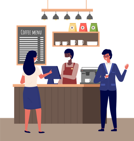 Male barista standing behind of  Coffee bar counter  Illustration