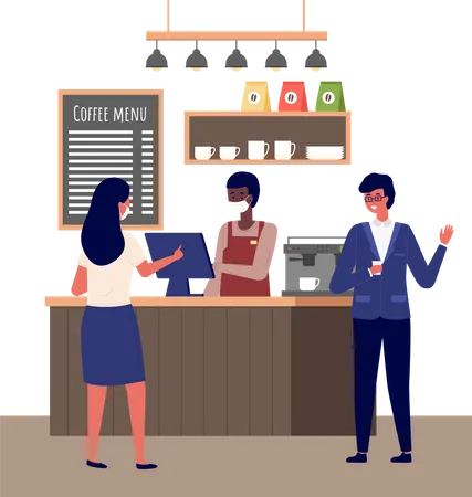 Male barista standing behind of  Coffee bar counter  Illustration