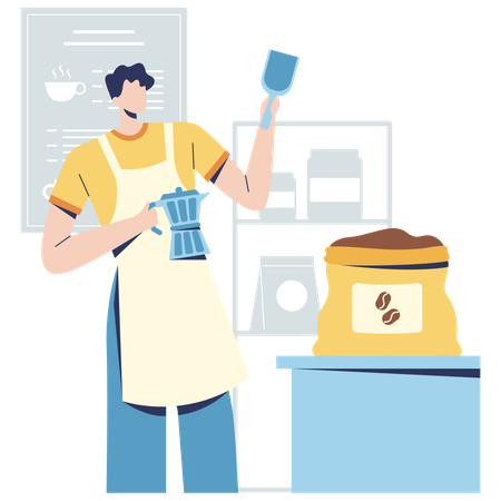 Male Barista taking Coffee Beans from coffee bag  Illustration