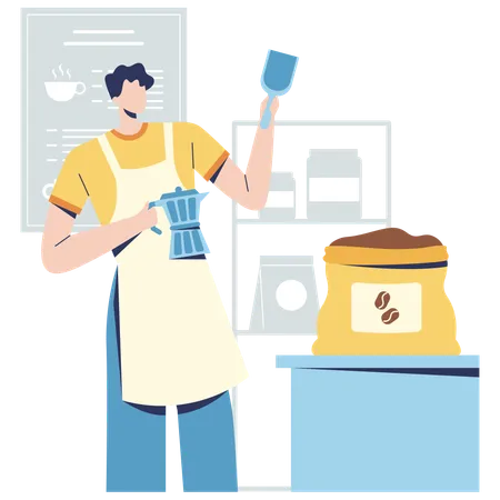 Male Barista taking Coffee Beans from coffee bag  Illustration