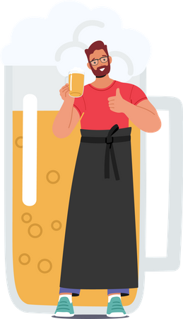 Male Bartender holding Beer Cup With Thumbs Up  Illustration
