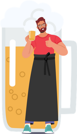 Male Bartender holding Beer Cup With Thumbs Up  Illustration