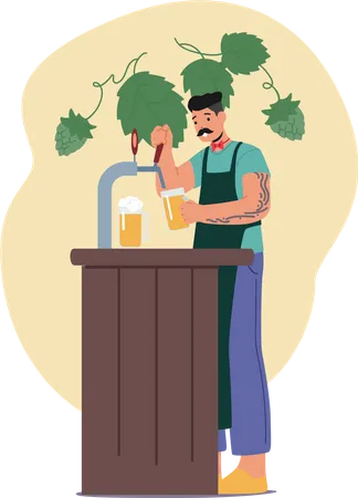 Trendy Tattooed Bartender Male Character Carefully Pours Beer Using Tap System Ensuring The Perfect Amount Of Foam And A Smooth Satisfying Taste For The Customer Cartoon People Vector Illustration Illustration