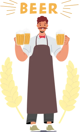 Bartender Character Serving Craft Beer In Glass Cups Carefully Pouring And Presenting Each Brew With Expertise Ensuring Enjoyable Experience For Beer Enthusiasts Cartoon People Vector Illustration Illustration