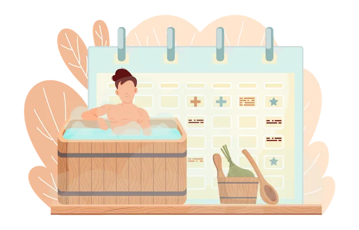 Man Sitting In Wooden Tub Guy In Barrel Is Resting On Background Of Calendar With Signs Male Character In Bath With Hot Steam Person Bathes In Boiling Water Time Tracking And Time Management Illustration