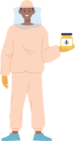 Male beekeeper holding glass jar with organic natural honey  Illustration