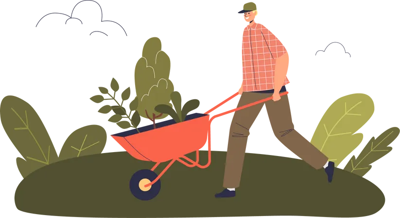 Le jardinage bénévole masculin transporte des plantes et des arbres pour pousser dans le jardin  Illustration