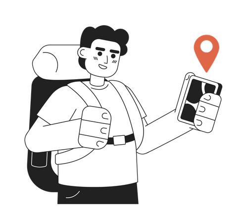 Male black backpacker trekking with hiking app  イラスト