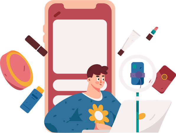 Male blogger creating beauty video in mobile  Illustration