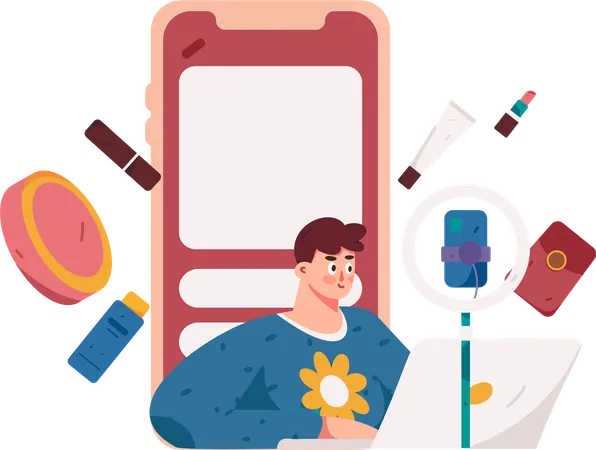 Male blogger creating beauty video in mobile  Illustration