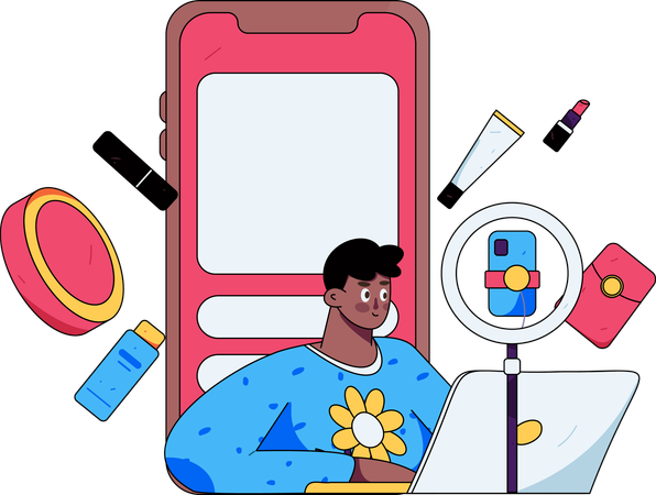 Male blogger creating beauty video in mobile  Illustration