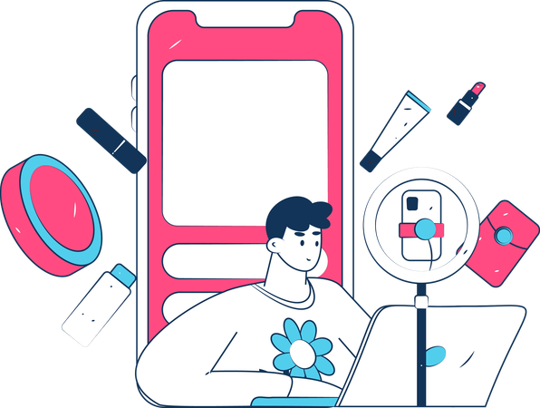 Male Blogger Creating Beauty Video In Mobile  Illustration