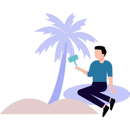 Male blogging on beach  Illustration