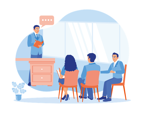 Male boss holding meeting with employees in office  Illustration