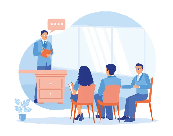 Male boss holding meeting with employees in office  Illustration