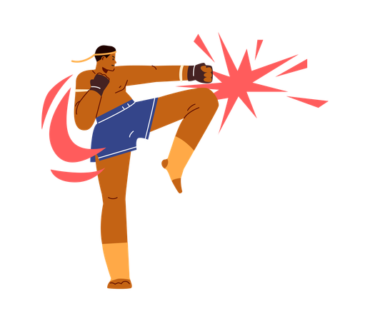 Male boxer in sports gloves trains knee and arm punch  Illustration