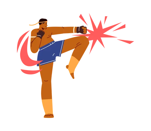 Male boxer in sports gloves trains knee and arm punch  Illustration