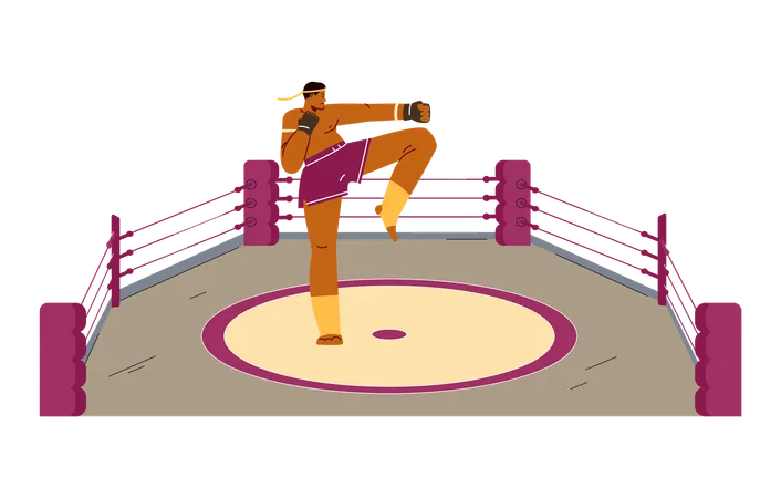 Male boxer in sports gloves trains knee and arm punch  Illustration