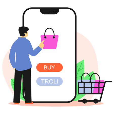 Male browsing products on mobile shopping app  Illustration