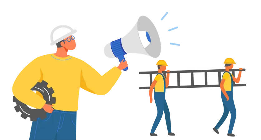 Male Builder Holding Megaphone Busy Workman Using Loudspeaker Makes Announcement Industrial Construction Worker In Uniform Superintendent Foreman With Loudspeaker Shouts At Subordinates Illustration