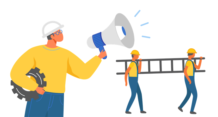 Male builder holding megaphone makes announcement  Illustration