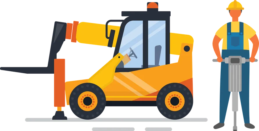 Man Working With A Drill At A Construction Job Vector Illustration