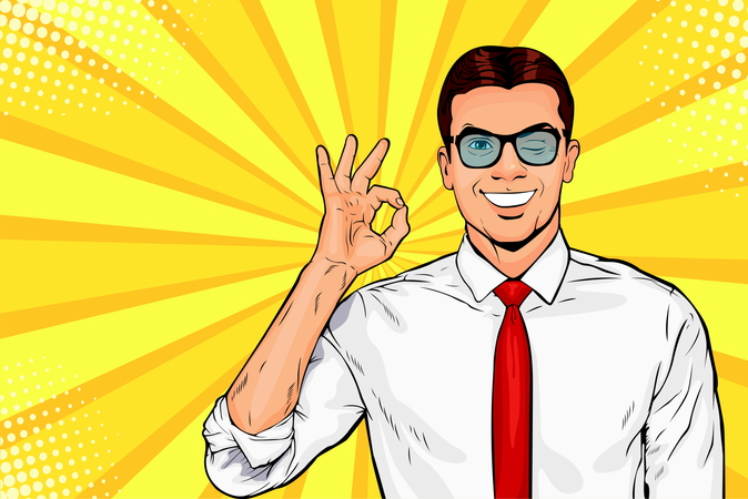 Male businessman in glasses winks and shows okay or OK gesture. Pop art retro vector illustration. Success concept. Invitation poster. Illustration