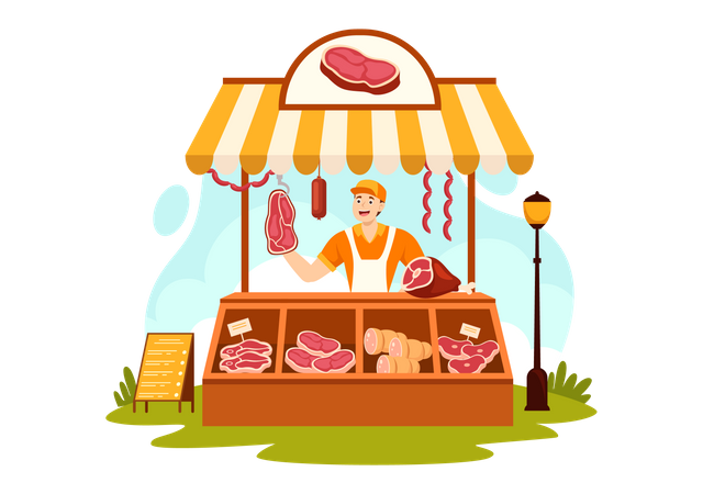 Male butcher selling meat  Illustration