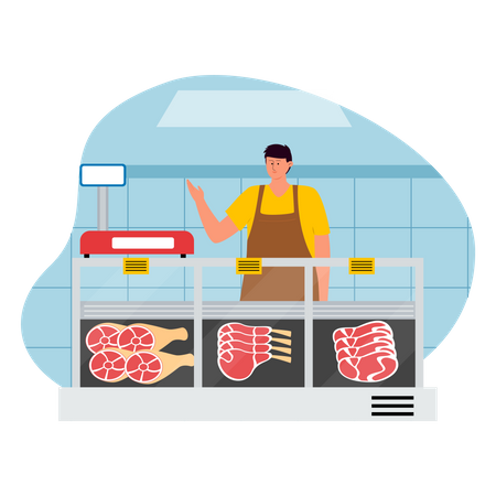 Male butcher selling meat  Illustration