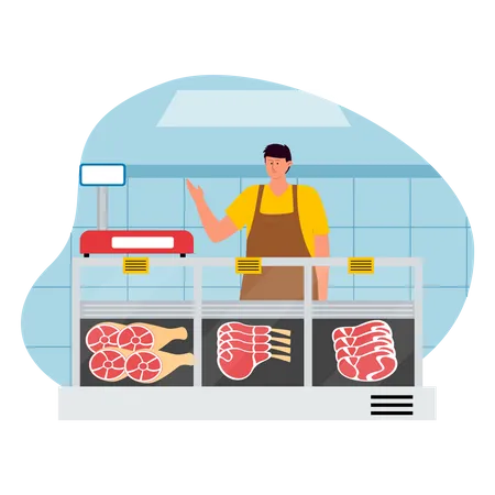 Male butcher selling meat  Illustration