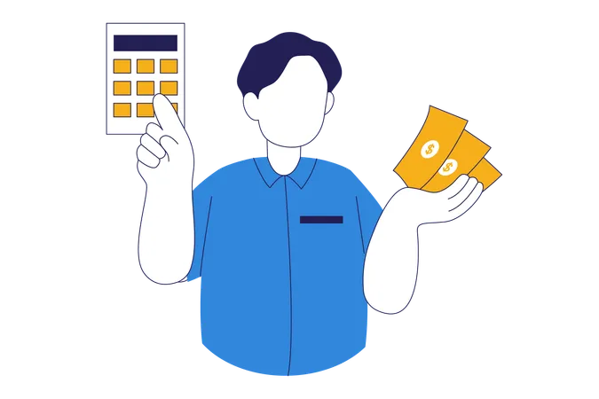 Male Character Holding Money And Calculator To Calculate Sales Illustration