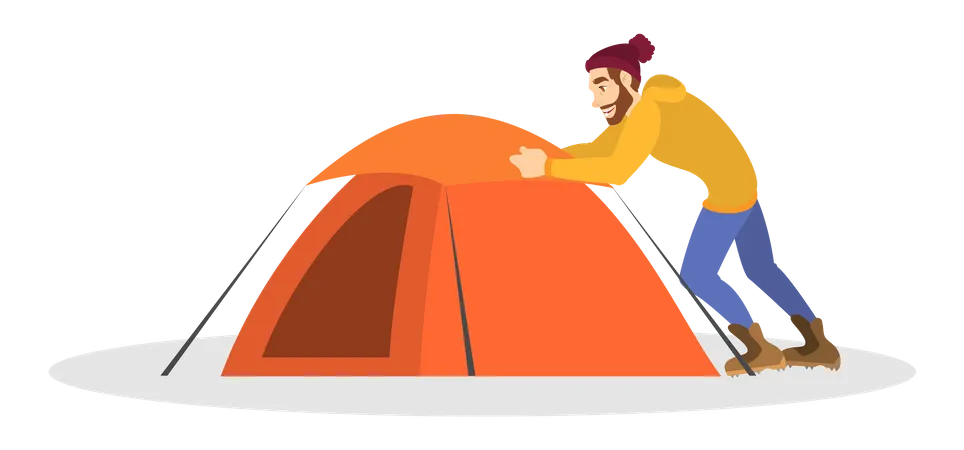 Male camper installing tent Illustration